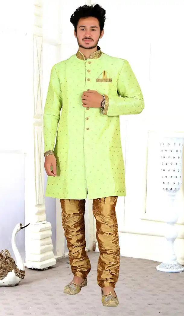 Light Green Color Silk Indo Western Style Mens Kurta Pajama | 346740979