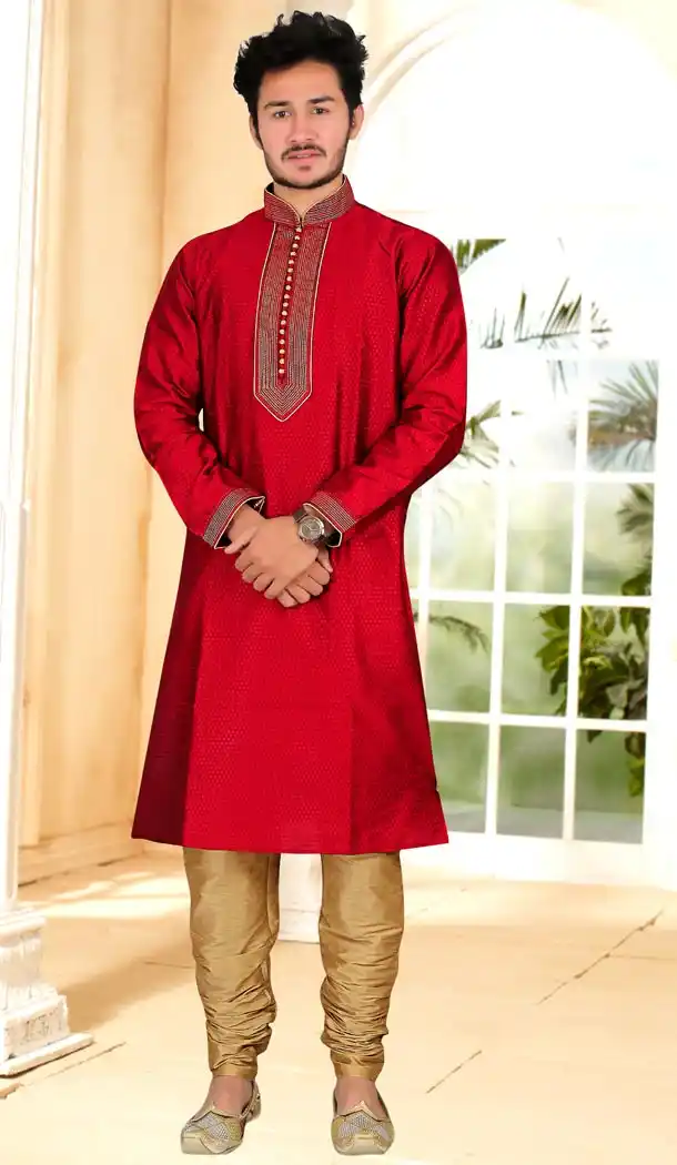 Red Color Jacquard Indo Western Style Mens Kurta Pajama | 346840981