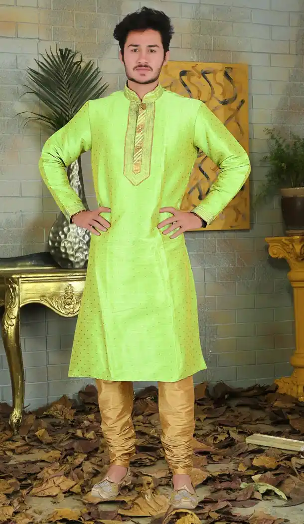 Light Green Color Silk Indo Western Style Mens Kurta Pajama | 346840982