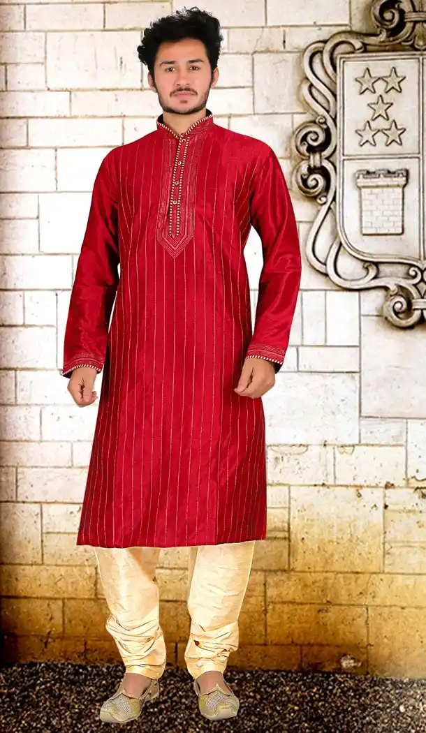 Red Color Dupion Silk Indo Western Style Mens Kurta Pajama | 346840983