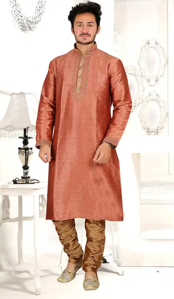 Light Maroon Color Silk Indo Western Style Mens Kurta Pajama | 346840984