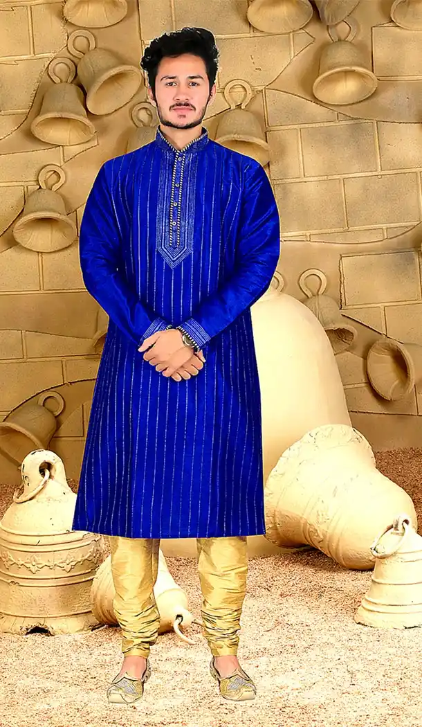 Blue Color Dupion Silk Indo Western Style Mens Kurta Pajama | 346840985