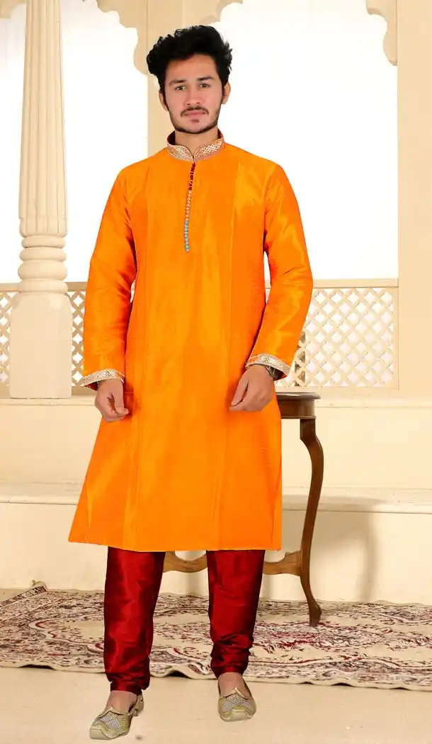Orange Color Dupion Silk Indo Western Style Mens Kurta Pajama | 346840986