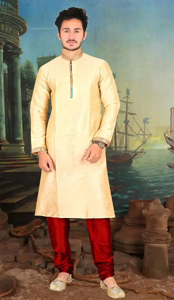 Light Yellow Color Dupion Silk Indo Western Style Mens Kurta Pajama | 346840987