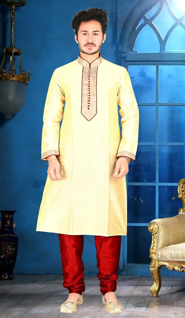 Exotic Light Yellow Color Jacquard Indo Western Style Mens Kurta Pajama | 346840988