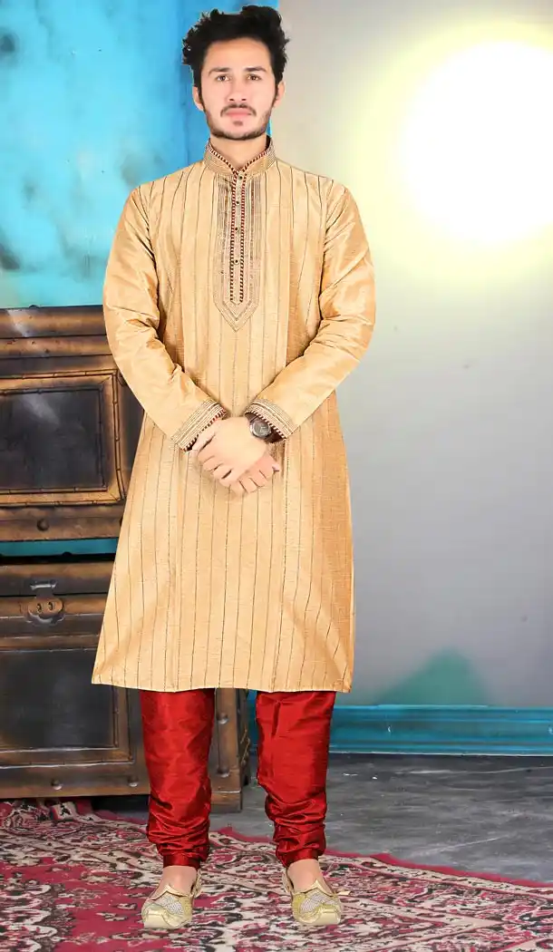 Cream Color Dupion Silk Indo Western Style Mens Kurta Pajama | 346840989