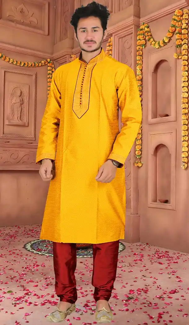 Dark Yellow Color Jacquard Indo Western Style Mens Kurta Pajama | 346840990