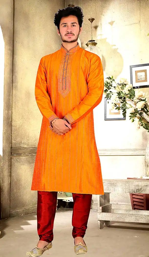 Orange Color Dupion Silk Indo Western Style Mens Kurta Pajama | 346840991