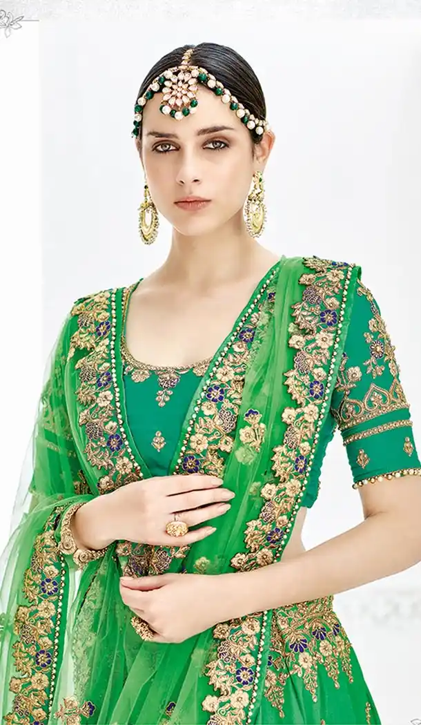 Green Color Silk Satin Heavy Designer Wedding Lehenga Choli | 346940992