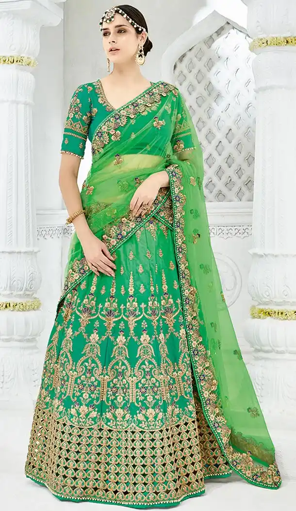 Green Color Silk Satin Heavy Designer Wedding Lehenga Choli | 346940992