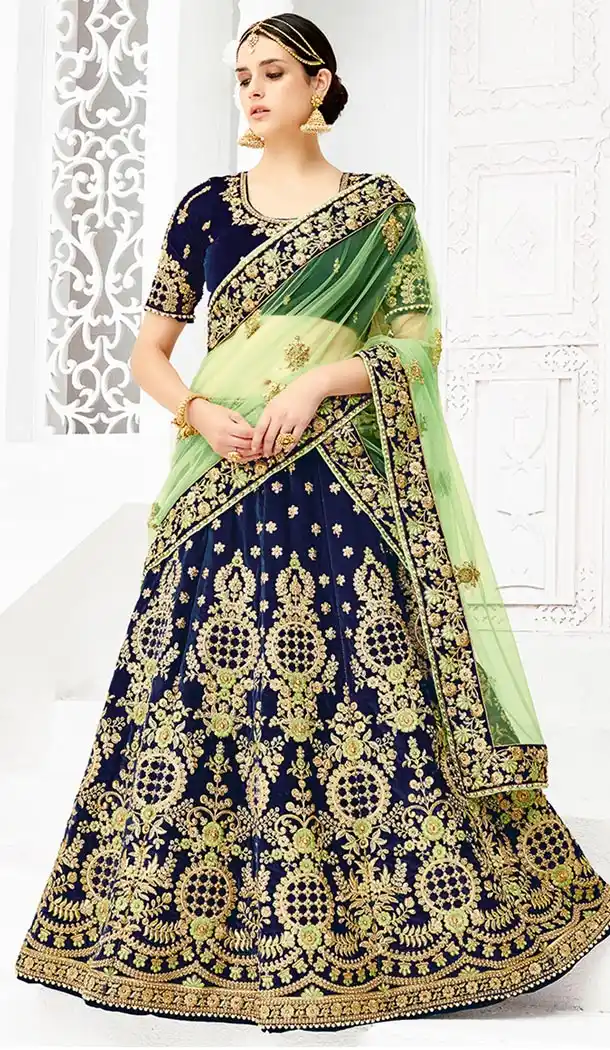Dark Blue Color Velvet Heavy Designer Wedding Lehenga Choli | 346940998