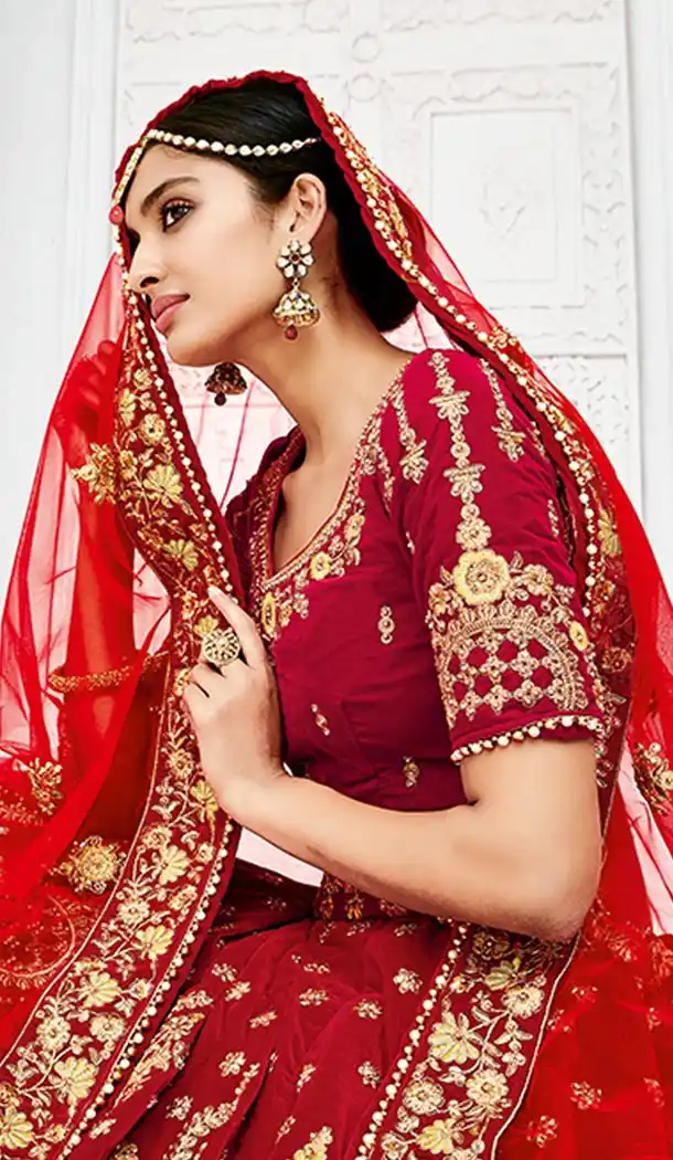 Classy Red Color Velvet Heavy Designer Wedding Lehenga Choli | 346940999