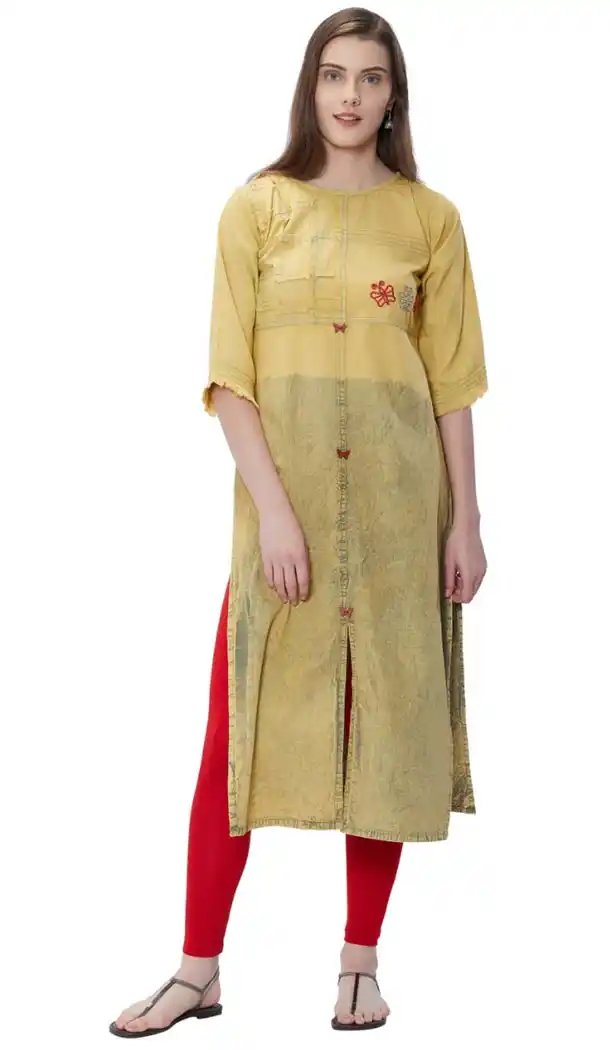 Aesthetic Yellow Color Denim Long Readymade Kurtis | 347341027