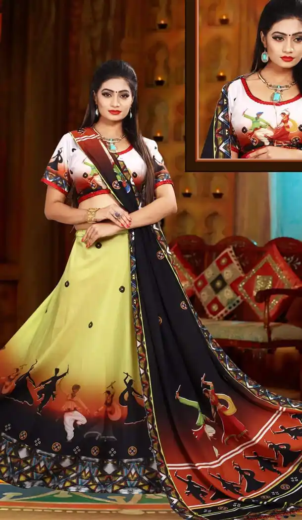 Perrott Green Color Digital Print Lahanga Choli Collection | 15497815