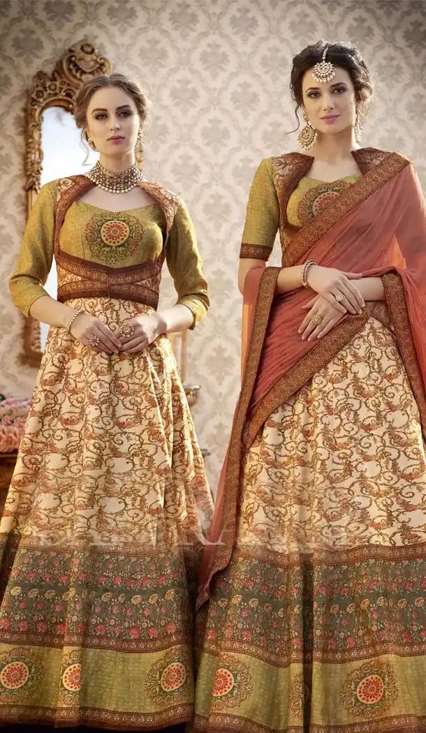 Greenish Yellow Color Pure Banarasi Silk Lahanga Choli | 342640544