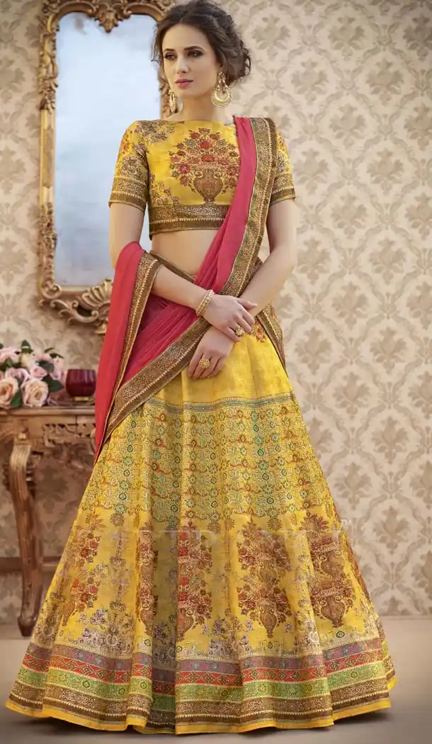 Yellow Color Pure Banarasi Silk Lahanga Choli | 342640545