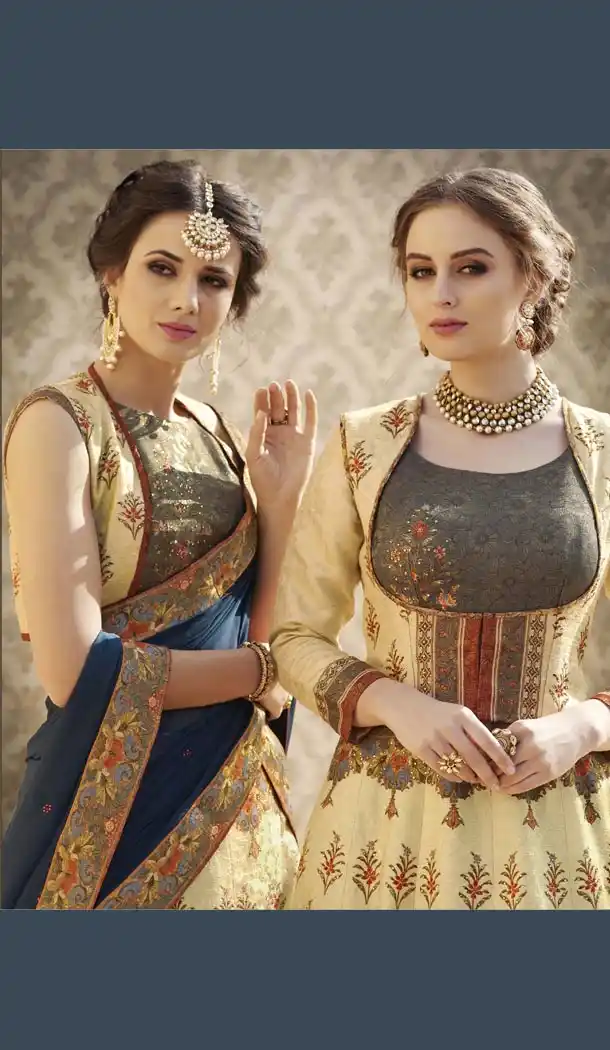 Cream Grey Color Pure Banarasi Silk Lahanga Choli | 342640546