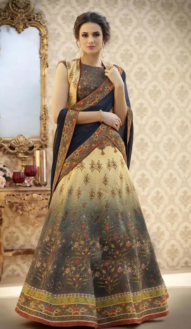 Cream Grey Color Pure Banarasi Silk Lahanga Choli | 342640546
