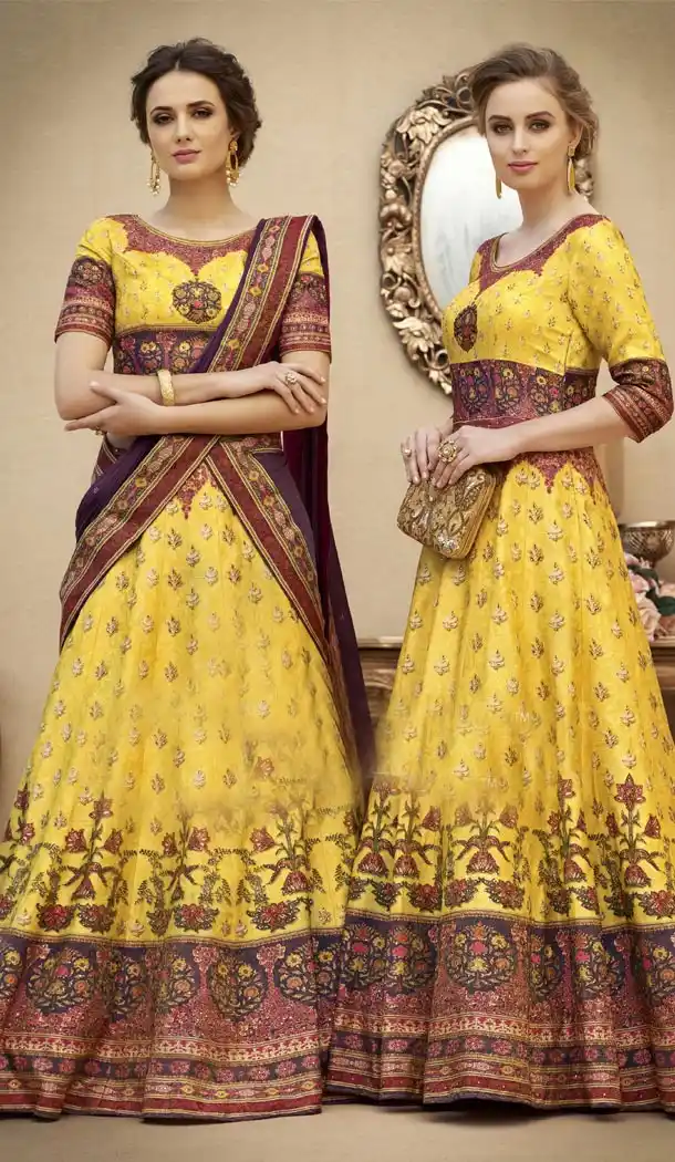Yellow shade Color Pure Banarasi Silk Lahanga Choli | 342640548