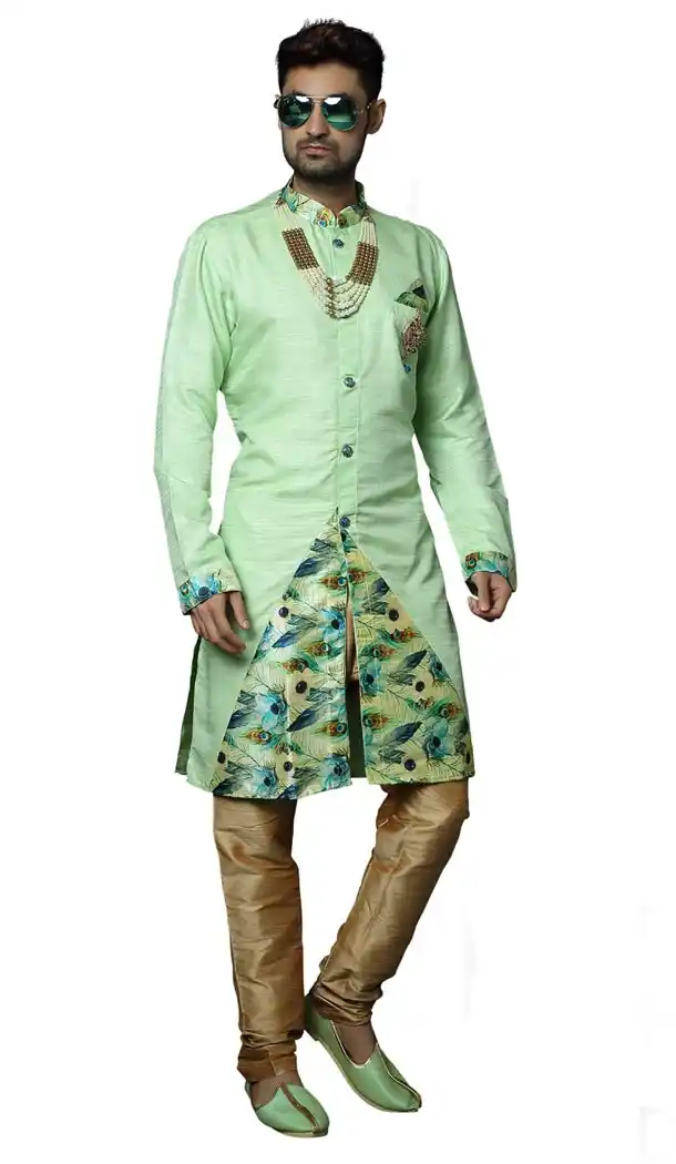 Light Green Color Digital Print Silk Readymade Kurta Pajama | 336739873