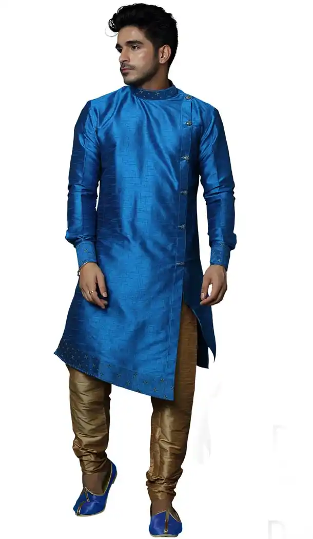 Diva Blue Color Print Silk Readymade Kurta Pajama | 336739874