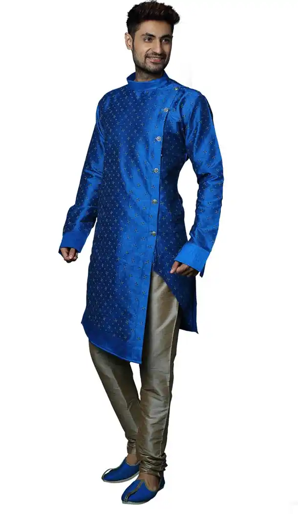 Cyan Blue Color Print Silk Readymade Kurta Pajama | 336739875