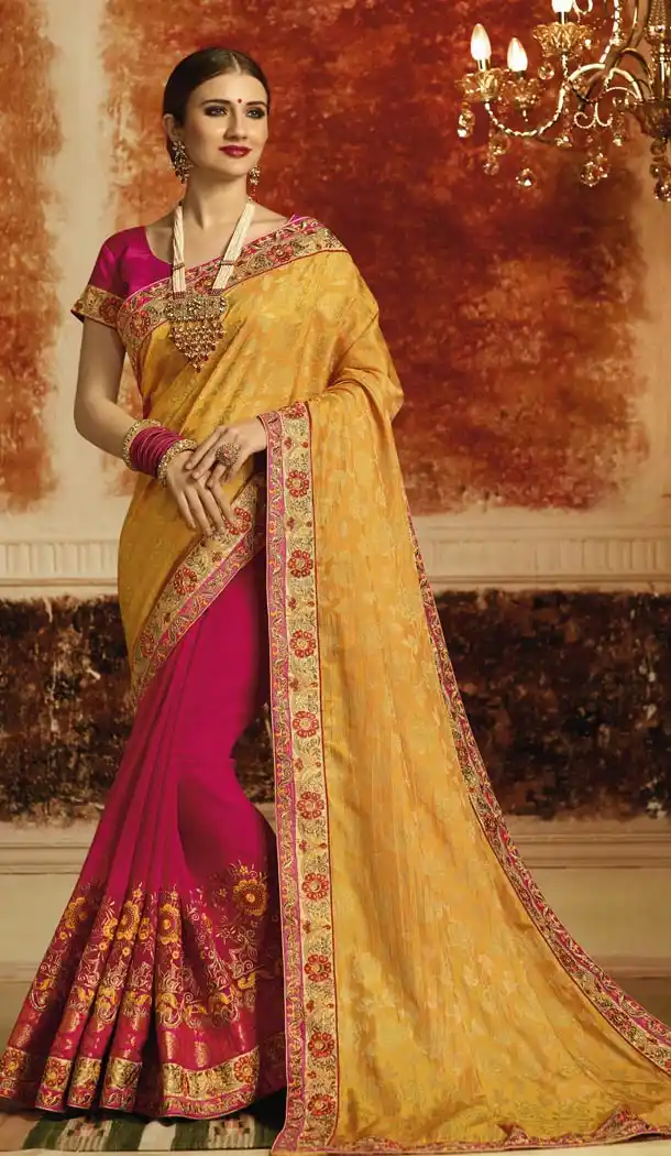 Yellow Pink Jquard Emrodary Designer Saree | 340640360