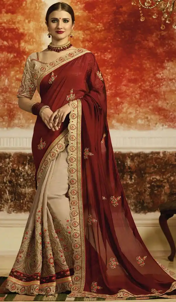 Maroon Cream Color Rangoli Silk Designer Saree | 340640367