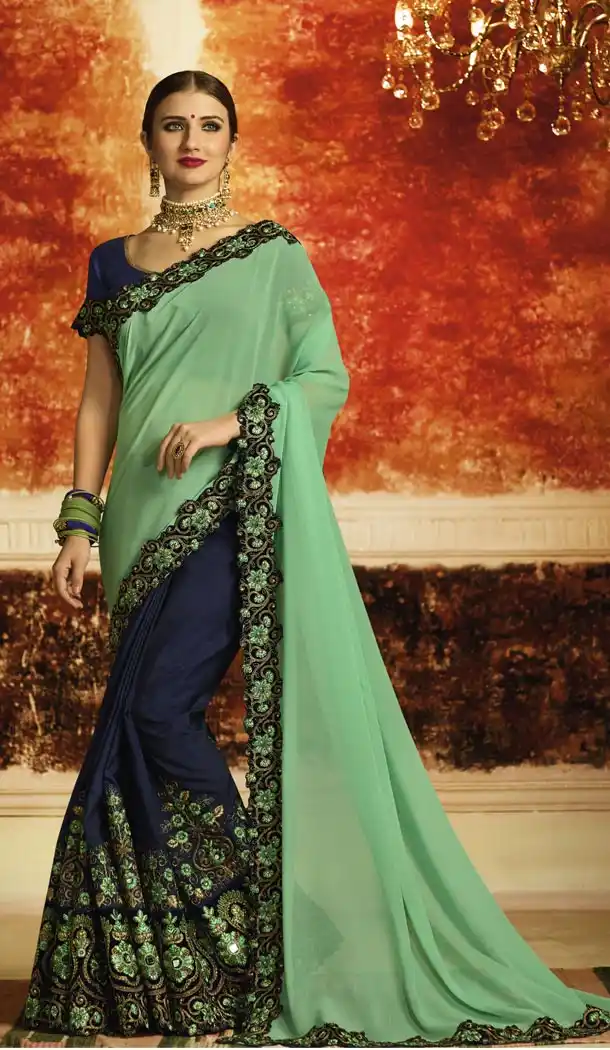 Light Green Navy BlueColor Georgette Designer Saree | 340640368