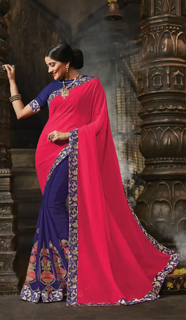 Pink Blue Color Georgette Party wear Saree | 15587902
