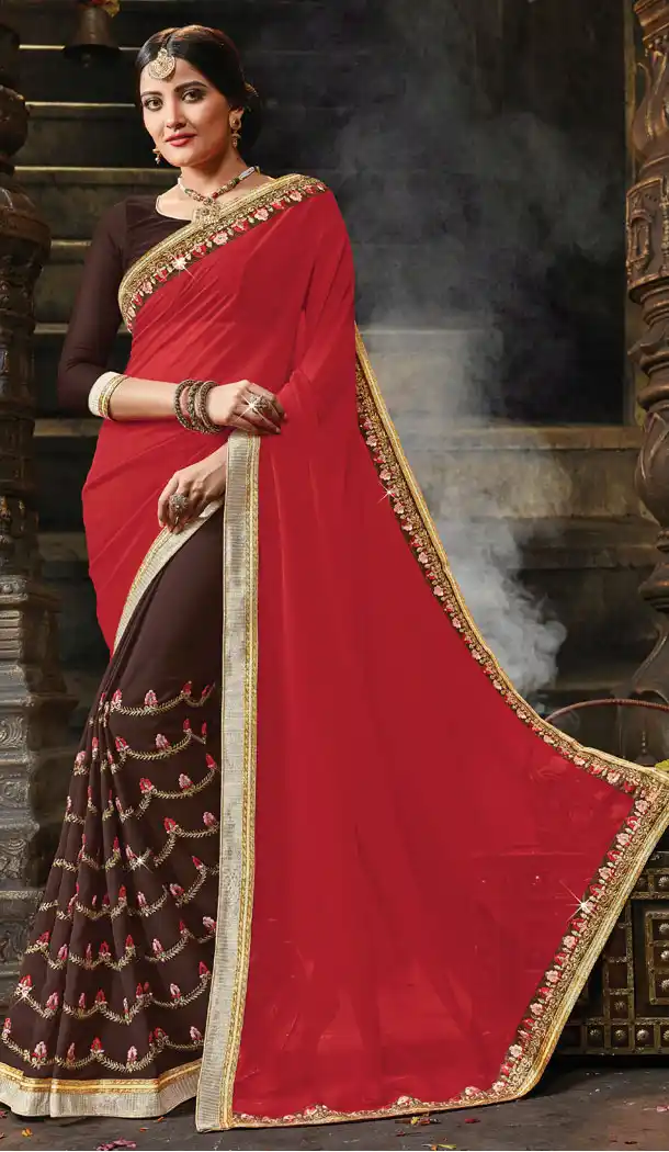 Brown Maroon Color Georgette Party wear Saree | 15587904