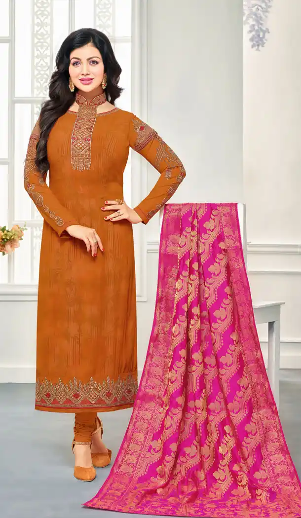 Bollywood Star Ayesha Takia Orange Geregette Churidar Suit | 15667969