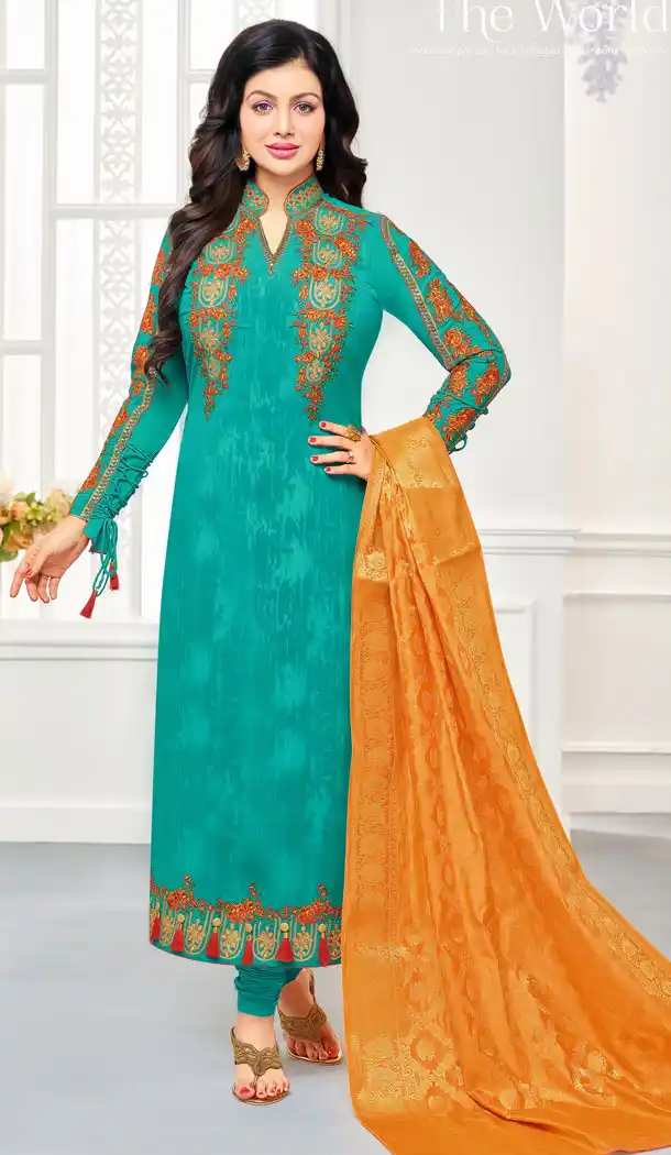 Bollywood Star Ayesha Takia Sky Blue Geregette Churidar Suit | 15667972