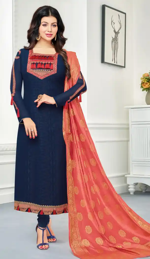 Bollywood Star Ayesha Takia Blue Geregette Churidar Suit | 15667975