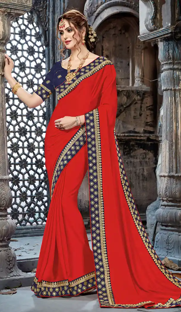 Red Color Crepe Chiffon Embroidery Party Wear Saree | 354041868