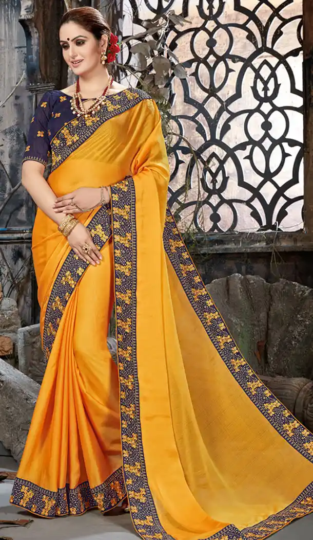 Yellow Color Crepe Chiffon Embroidery Party Wear Saree | 354041869