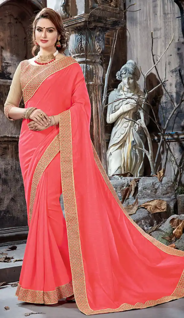 Peach Color Crepe Chiffon Embroidery Party Wear Saree | 354041875
