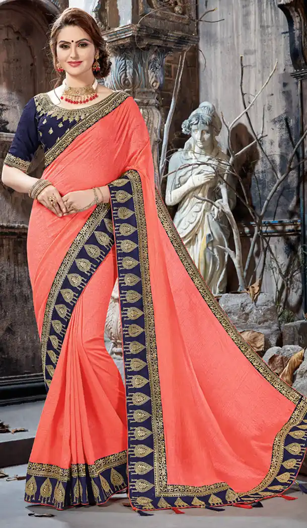 Peach Color Crepe Chiffon Embroidery Party Wear Saree | 354041877