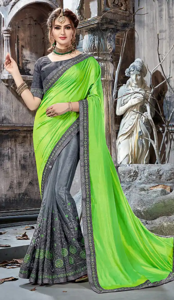 Green,Grey Color Crepe & Net Embroidery Party Wear Saree | 354041878