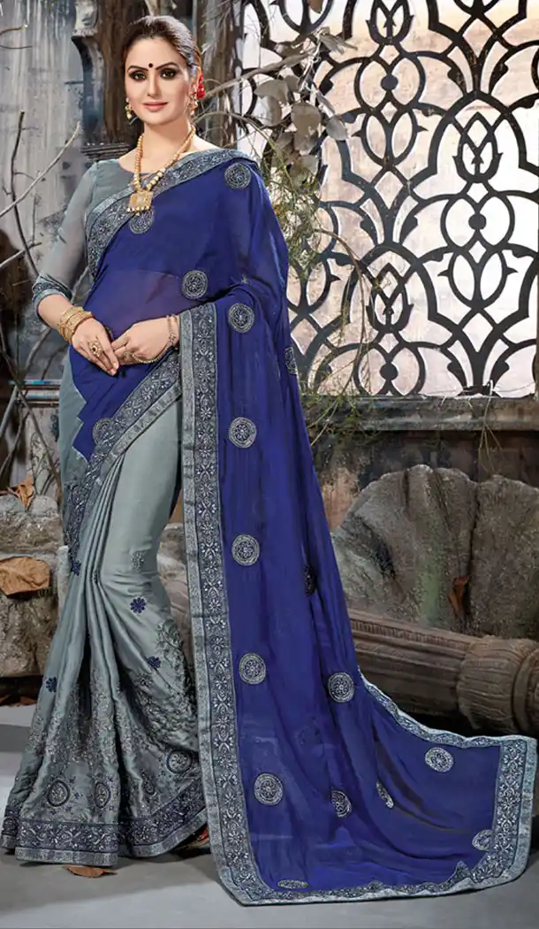 Blue, Grey Color Chiffon & Net Embroidery Party Wear Saree | 354041879