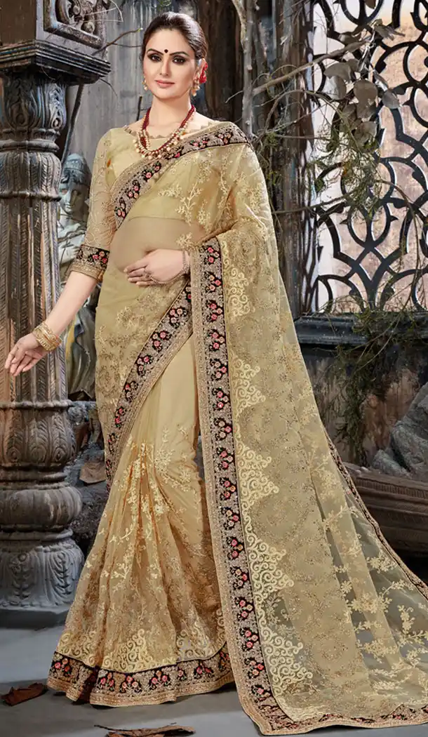 Beige Color Net Embroidery Party Wear Saree | 354041880