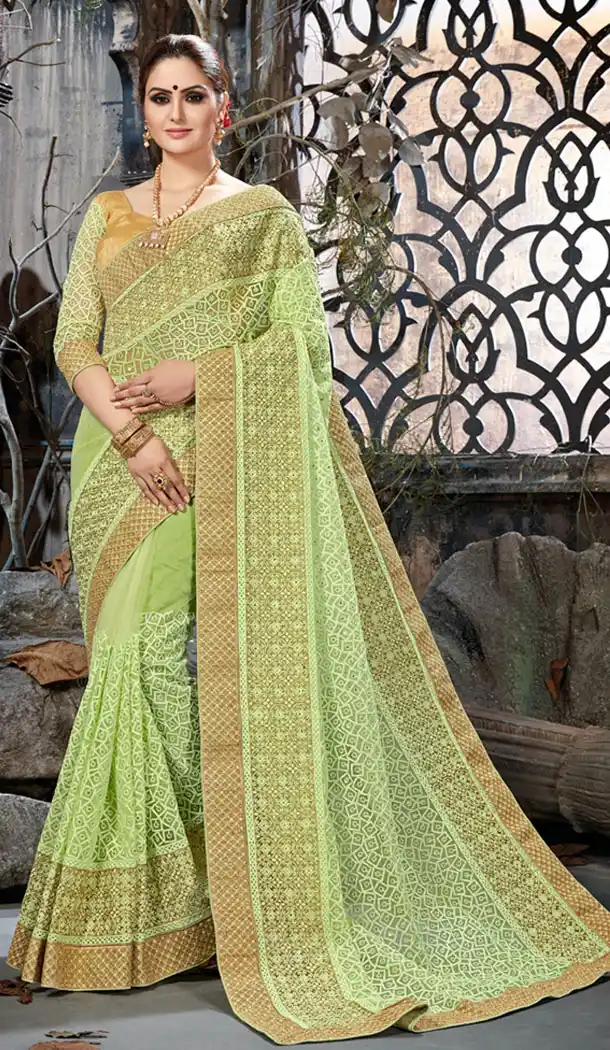 Green Color Net Embroidery Party Wear Saree | 354041881