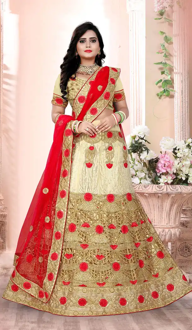 Fancy Cream Red Net Heavy Designer Wedding Lehenga | 354241902