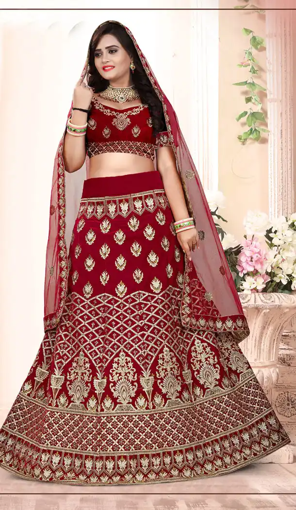 Elegance Maroon Velvet Heavy Designer Wedding Lehenga | 354241906