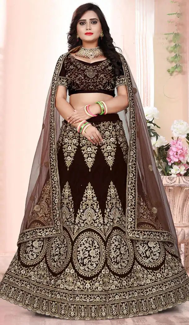 Coffee Velvet Heavy Designer Wedding Lehenga | 354241907