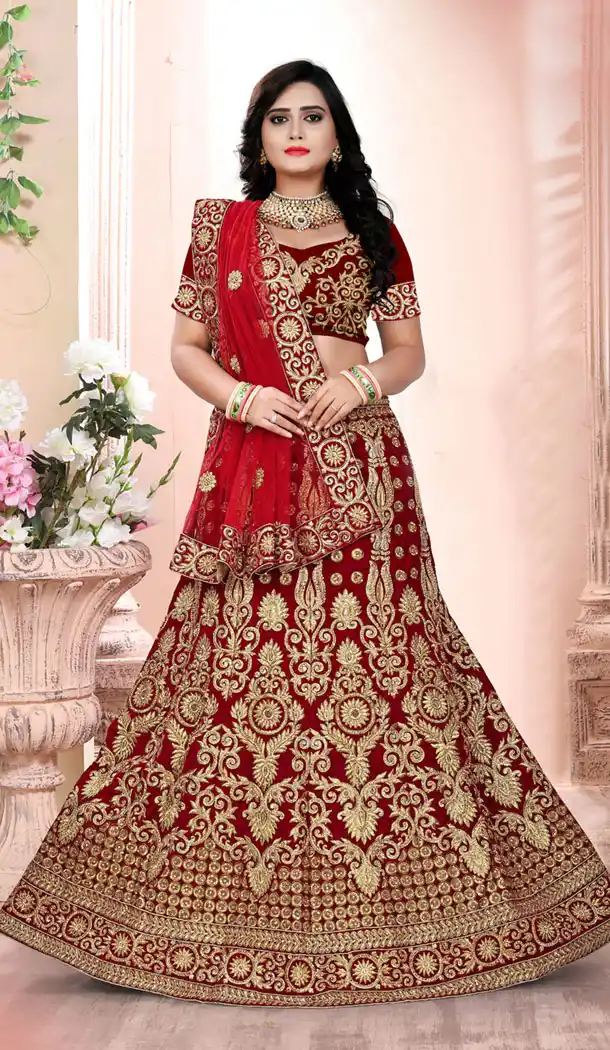 Maroon Red Velvet Heavy Designer Wedding Lehenga | 354241908