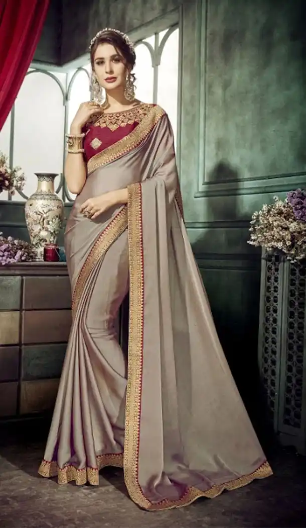 Grey Color Chiffon Embroidery Sarees | 356142092