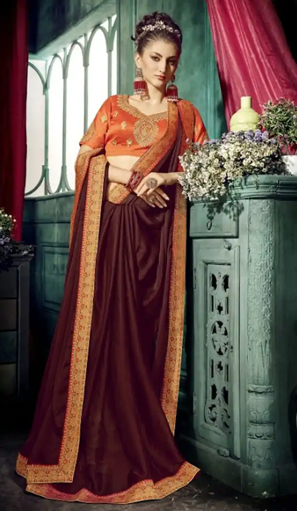 Wine Color Chiffon Embroidery Sarees | 356142094