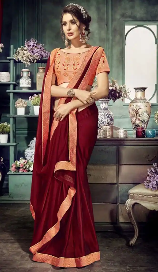 Dazzling Maroon Color Chiffon Embroidery Sarees | 356142098