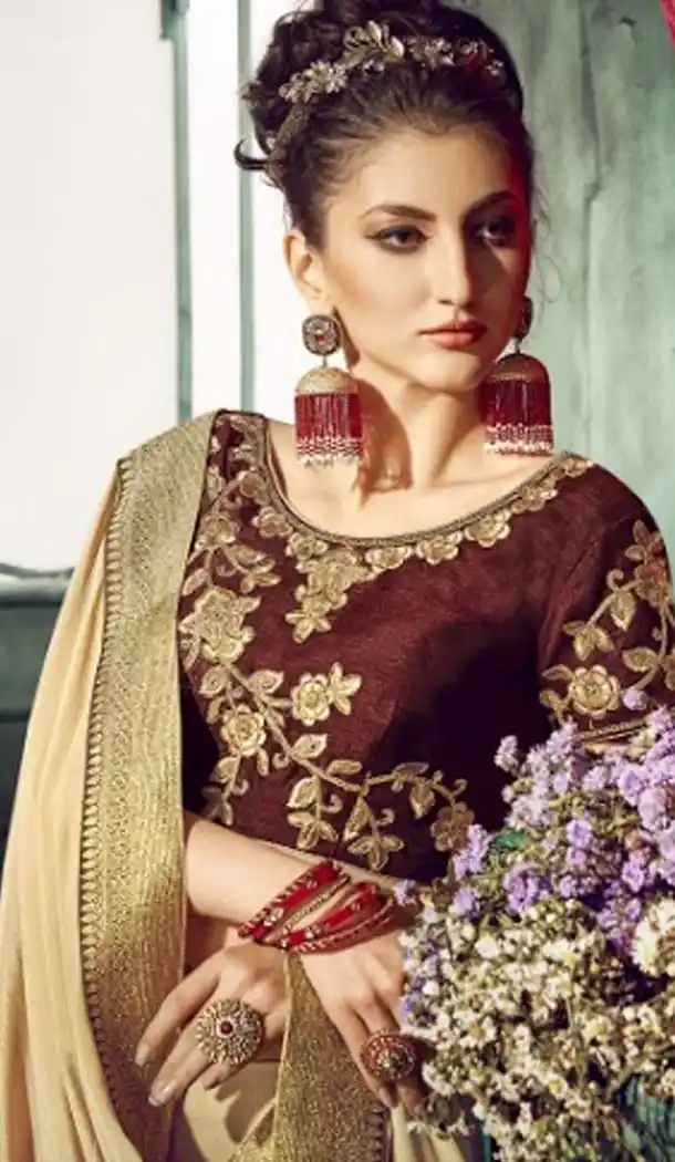 Captivating Cream Color Chiffon Embroidery Sarees | 356142100